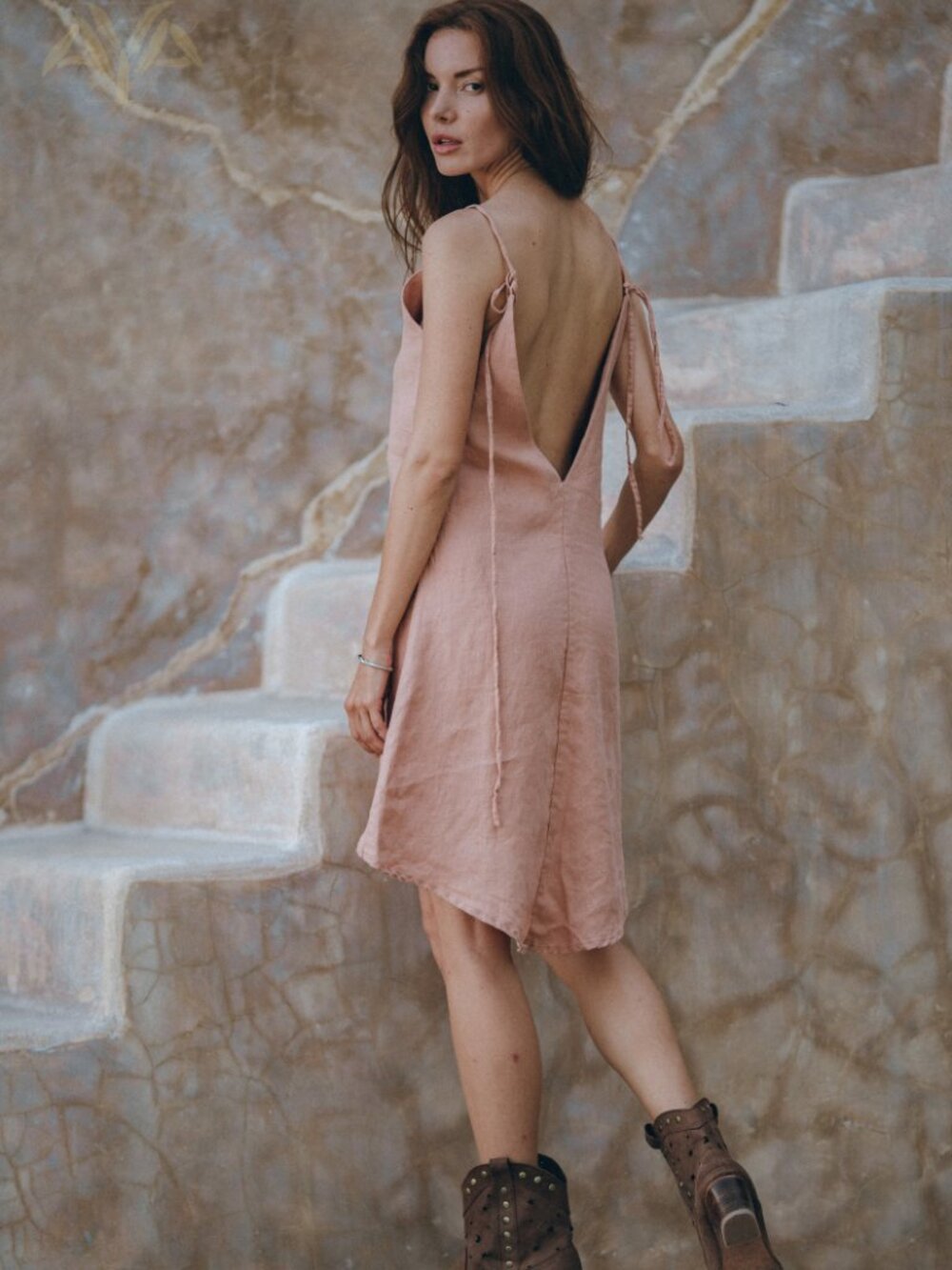 AYA sacred wear pink linen tie low back mini dress - Picture 4 of 7